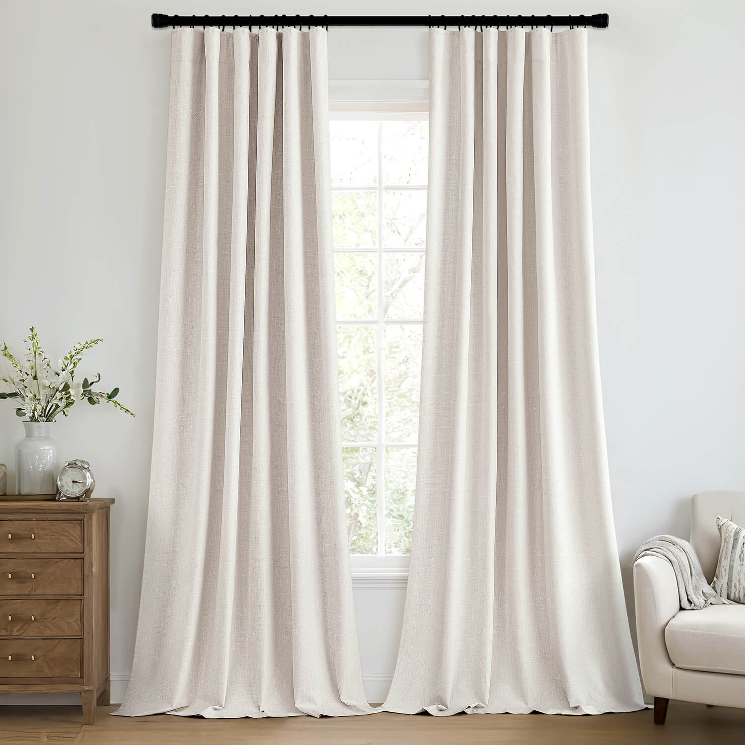 MIULEE 100% Blackout Curtains 120 Inch Long 2 Panels for Bedroom, Thick Luxury Faux Linen Black Out Curtain Room Darkening Back Tab Pleat Window Textured Drapes with Hooks for Living Room, Ivory
