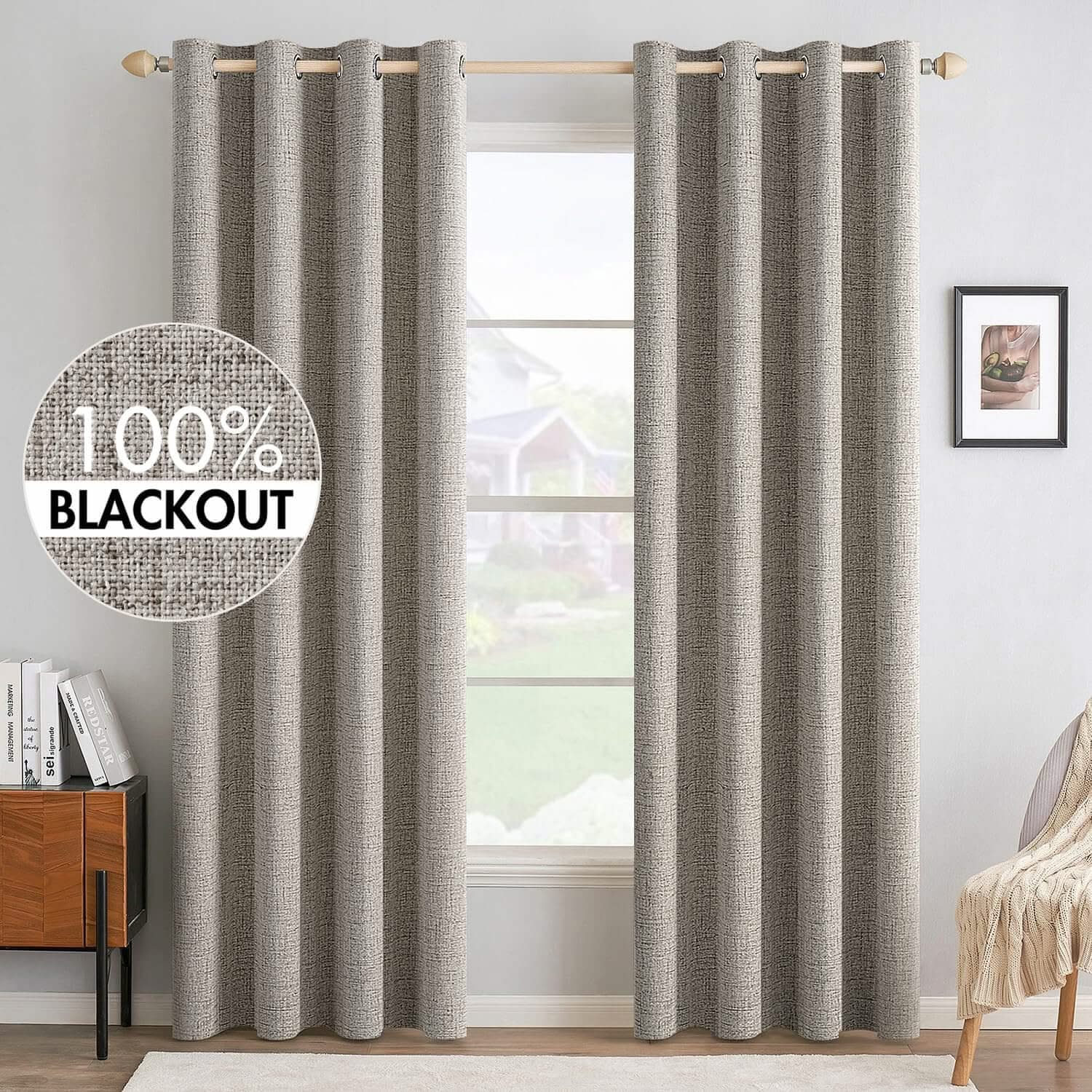 MIULEE Customized 100% Blackout Linen Textured Curtains (2 Panels)-Linen