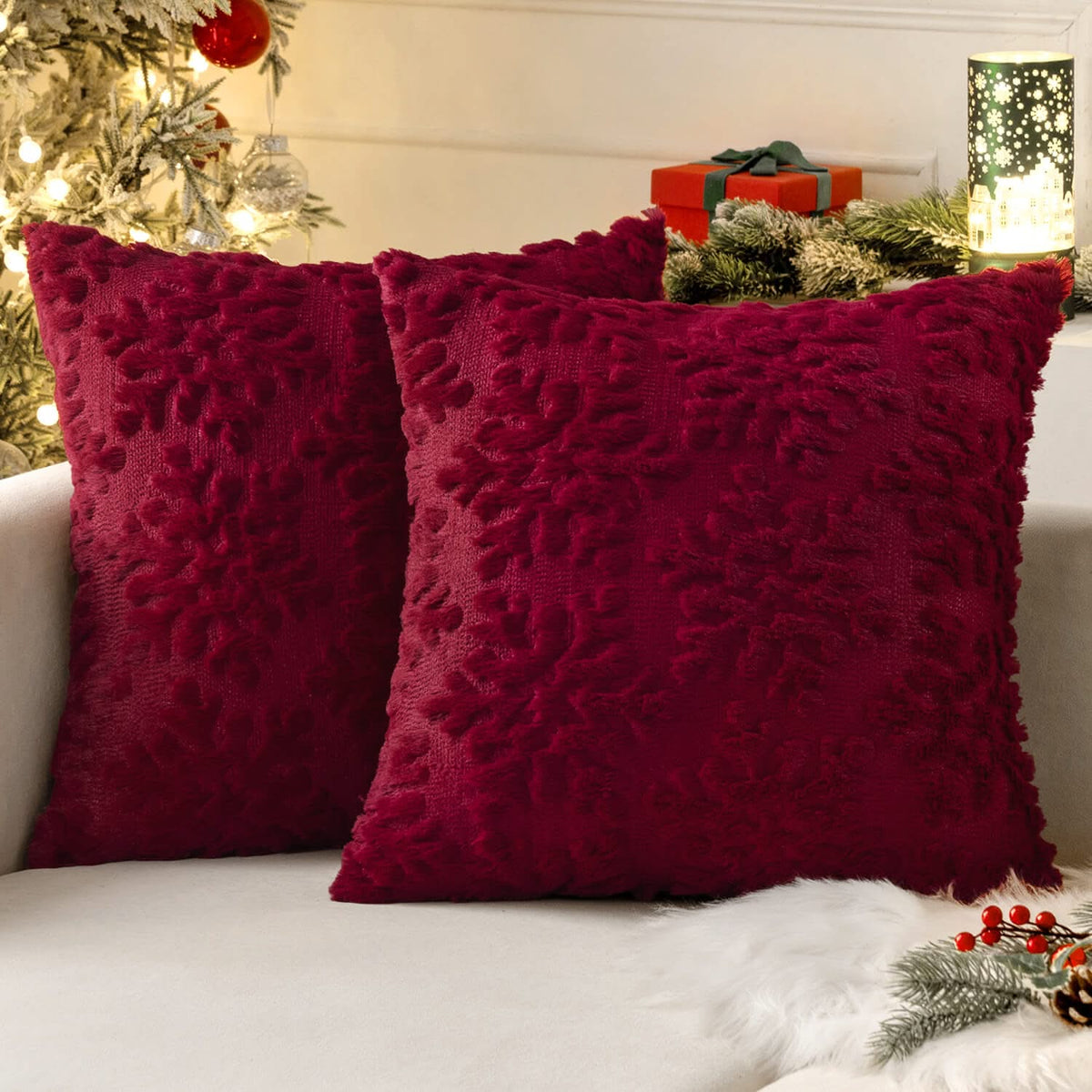 MIULEE Burgundy Red Throw Pillow Covers Christmas Snowflakes Decorative Pillow Covers 20x20 Inch Soft Plush Faux Wool Pillow Covers Set of 2 Farmhouse Couch Pillows Home Decors for Sofa Livingroom Bed