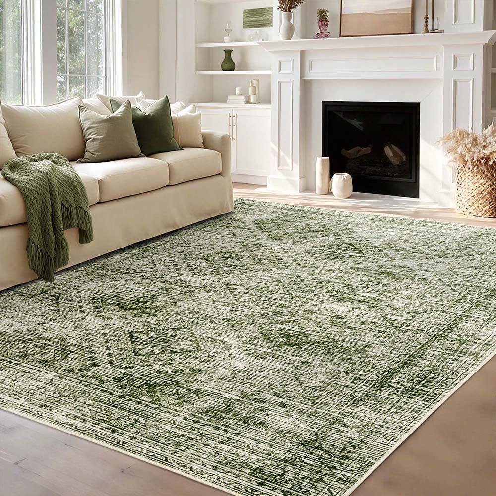 MIULEE 8x10 Vintage Washable Area Rugs Living Room Rug Low Pile Boho Farmhouse Floor Mat Green