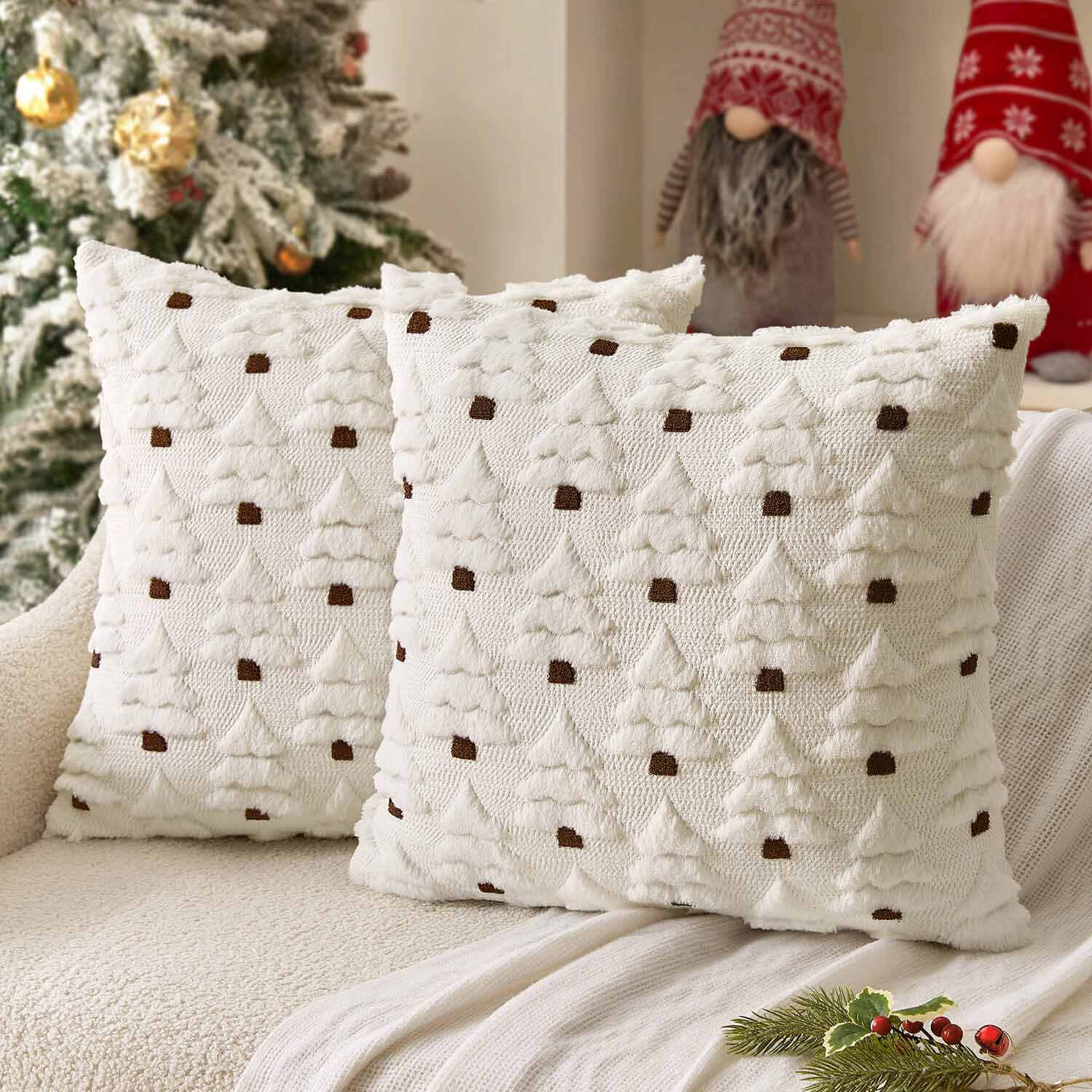 Christmas Tree Decorative Faux Wool Pillow Covers Cream 18x18-inch