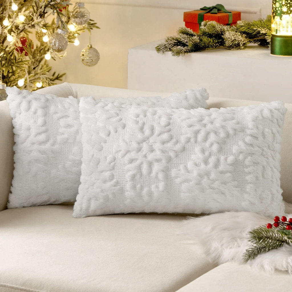 MIULEE Pure White Throw Pillow Covers Christmas Snowflakes Decorative Pillow Covers 12x20 Inch Soft Plush Faux Wool Pillow Covers Set of 2 Farmhouse Couch Pillows Home Decors for Sofa Livingroom Bed