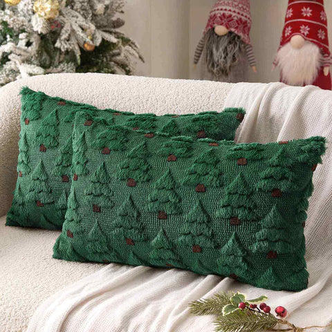 Christmas Tree Decorative Faux Wool Pillow Covers Dark Green 20x12-inch
