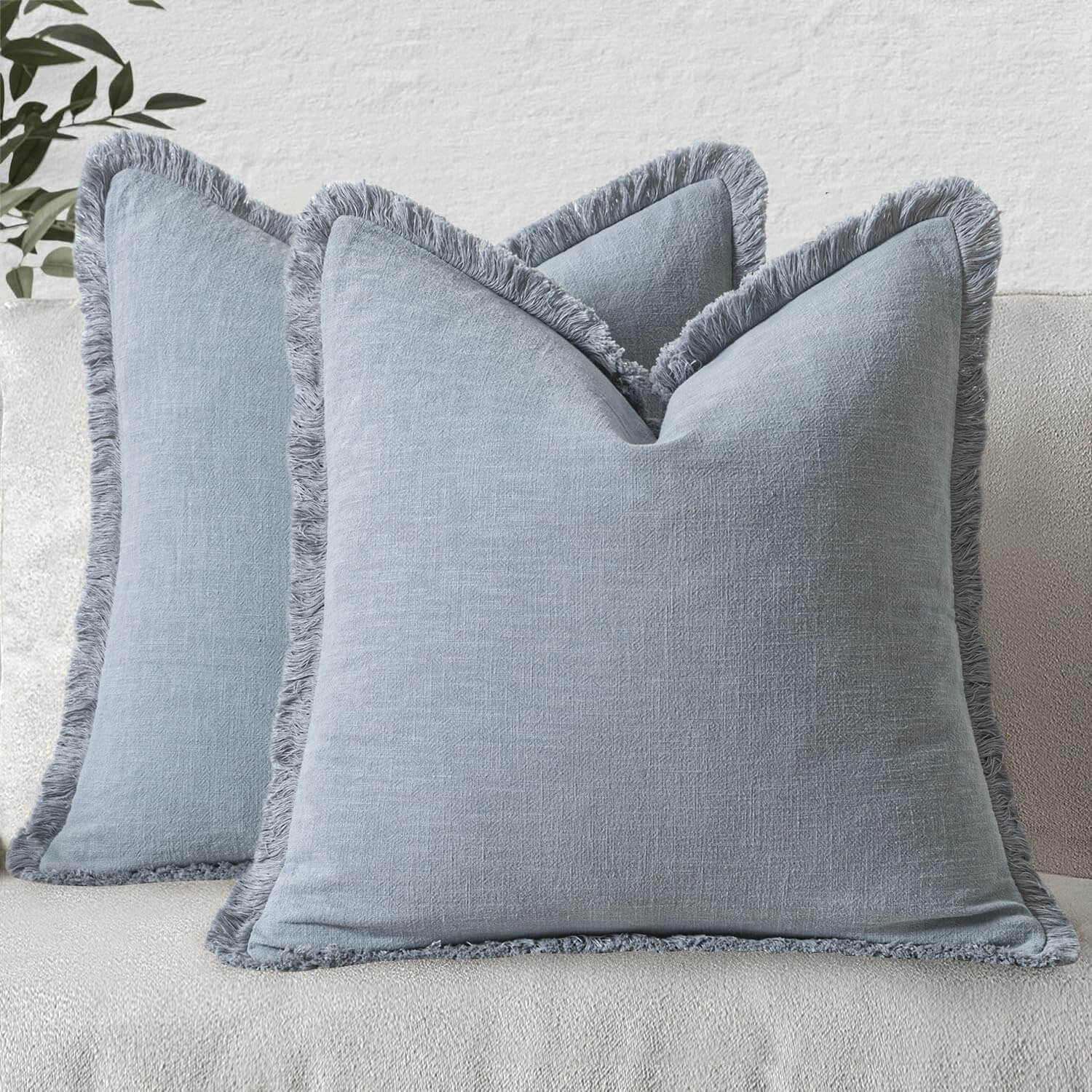MIULEE Decorative Throw Pillow Covers Neutral Linen Fringe Throw Pillows Euro Shams Set of 2 Light Blue Boho Farmhouse Cushion Covers for Couch Sofa Bed Living Room Spring Home Decor 24x24 Inch