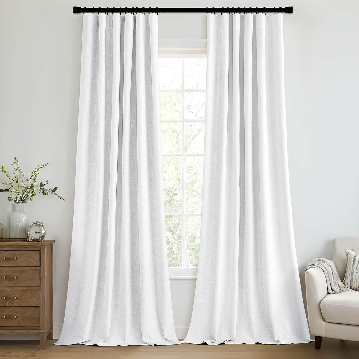 MIULEE 100% Blackout Curtains 108 Inch Long 2 Panels Set for Bedroom, Thick Faux Linen Black Out Curtain Room Darkening Back Tab Pleat Window Textured Drapes with Hooks for Living Room, Bright White