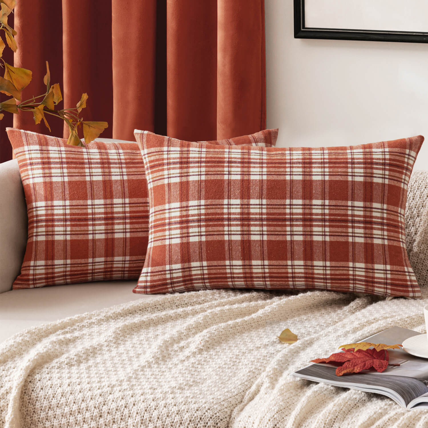 MIULEE Fall Set of 2 Scottish Tartan Plaid Lumbar Throw Pillow Covers Farmhouse Classic Decorative Square Cushion Cases for Decor Sofa Couch 12x20 Inch, Orange?and?White