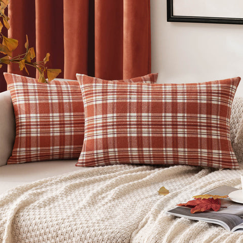 MIULEE Fall Set of 2 Scottish Tartan Plaid Lumbar Throw Pillow Covers Farmhouse Classic Decorative Square Cushion Cases for Decor Sofa Couch 12x20 Inch, Orange?and?White