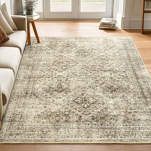 MIULEE 5x7 Vintage Living Room Rug Washable Area Rugs Low Pile Floor Ma Brown