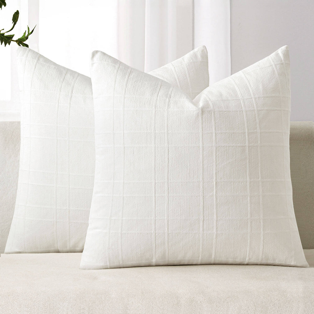 MIULEE Decorative Linen Check Throw Pillow Covers Neutral Farmhouse Vintage Pillow Covers 18x18 Inch Set of 2 Boho Modern Home Decor for Sofa Couch Bedroom Cushion Chair Cream White