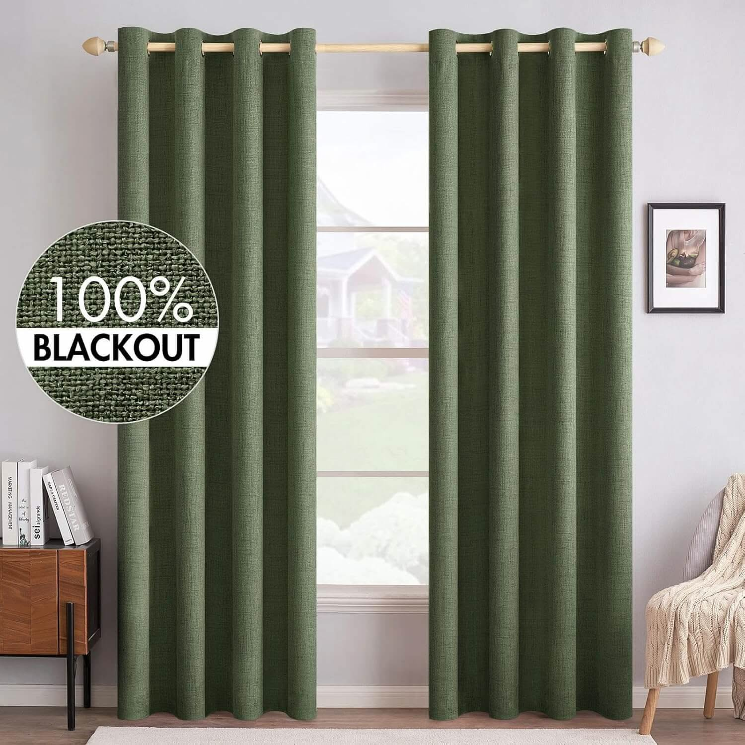 MIULEE Customized 100% Blackout Linen Textured Curtains (2 Panels)-Olive Green