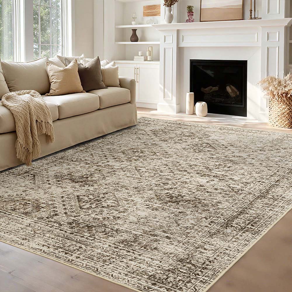 MIULEE 8x10 Vintage Washable Area Rugs Living Room Rug Low Pile Boho Farmhouse Floor Mat Brown