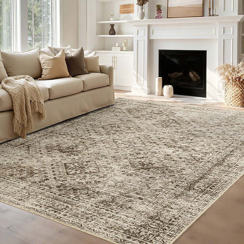 MIULEE 8x10 Vintage Washable Area Rugs Living Room Rug Low Pile Boho Farmhouse Floor Mat Brown