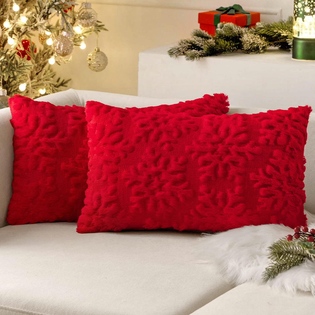 MIULEE Red Throw Pillow Covers Christmas Snowflakes Decorative Pillow Covers 12x20 Inch Soft Plush Faux Wool Pillow Covers Set of 2 Farmhouse Couch Pillows Home Decors for Sofa Livingroom Bed