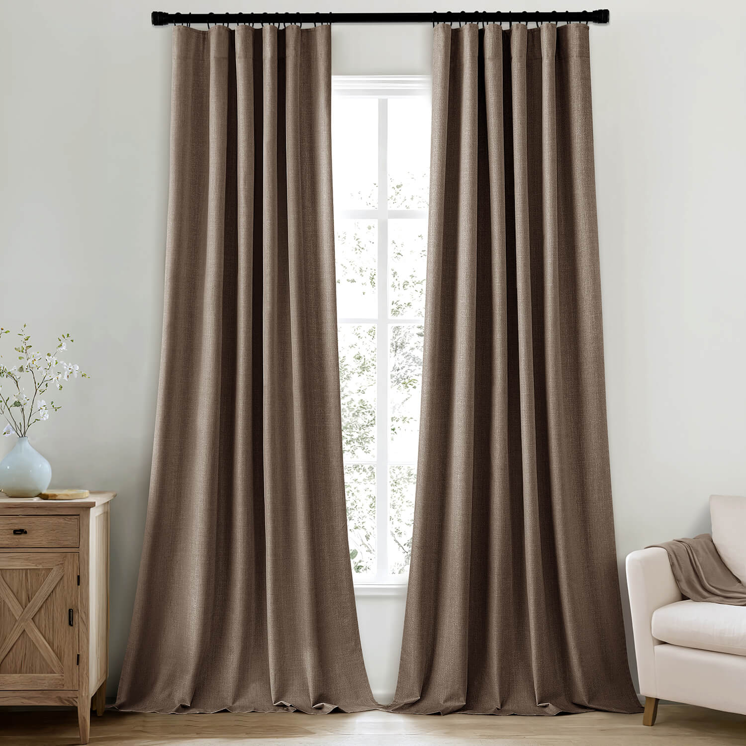 MIULEE 100% Blackout Curtains 84 Inch Long 2 Panels Set for Bedroom, Thick Faux Linen Black Out Curtain Room Darkening Back Tab Pleat Window Textured Drapes with Hooks for Living Room, Dutch Cocoa