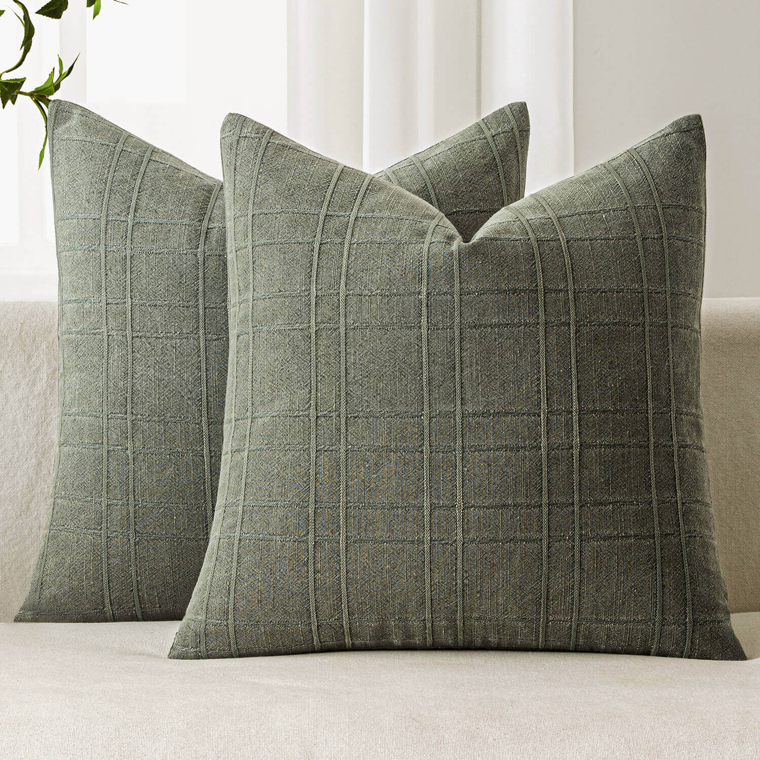 MIULEE Decorative Linen Check Throw Pillow Covers Neutral Farmhouse Vintage Pillow Covers 18x18 Inch Set of 2 Boho Modern Home Decor for Sofa Couch Bedroom Cushion Chair Olive Green