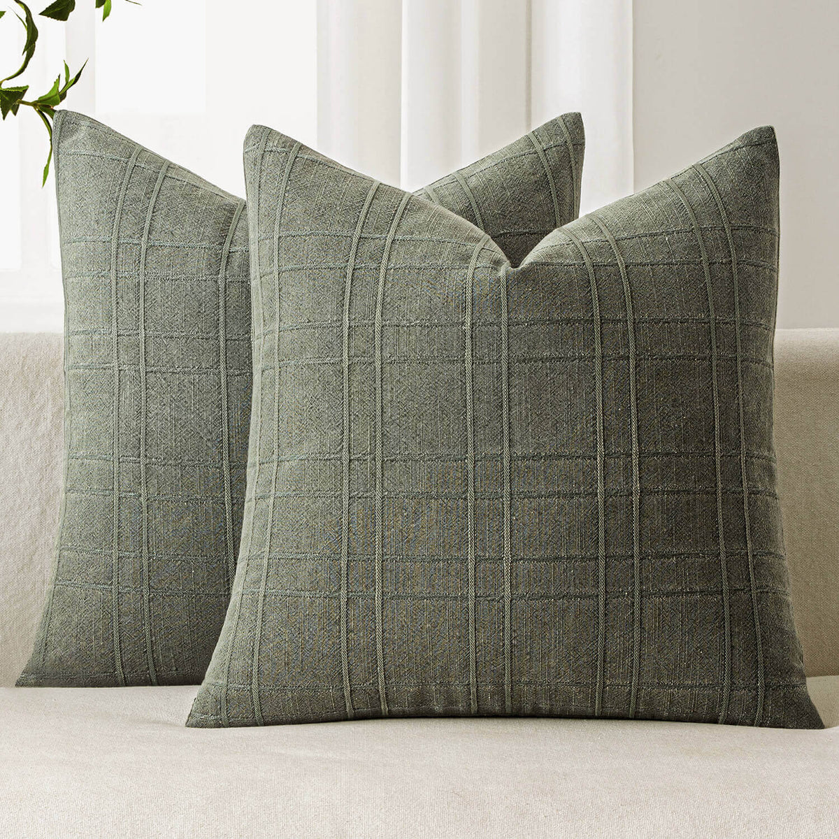 MIULEE Decorative Linen Check Throw Pillow Covers Neutral Farmhouse Vintage Pillow Covers 18x18 Inch Set of 2 Boho Modern Home Decor for Sofa Couch Bedroom Cushion Chair Olive Green