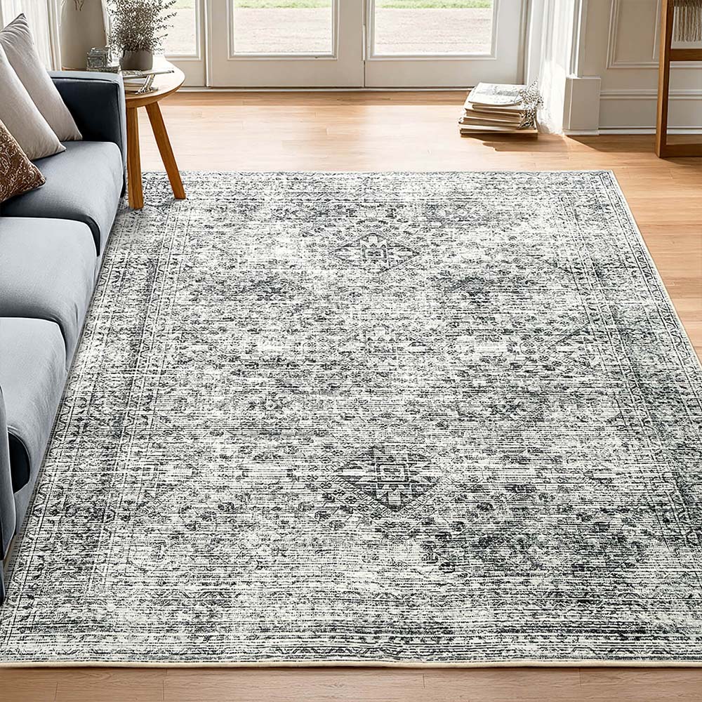 MIULEE 5x7 Vintage Living Room Rug Washable Area Rugs Low Pile Floor Mat Grey