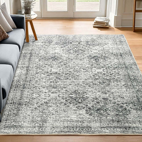 MIULEE 5x7 Vintage Living Room Rug Washable Area Rugs Low Pile Floor Mat Grey