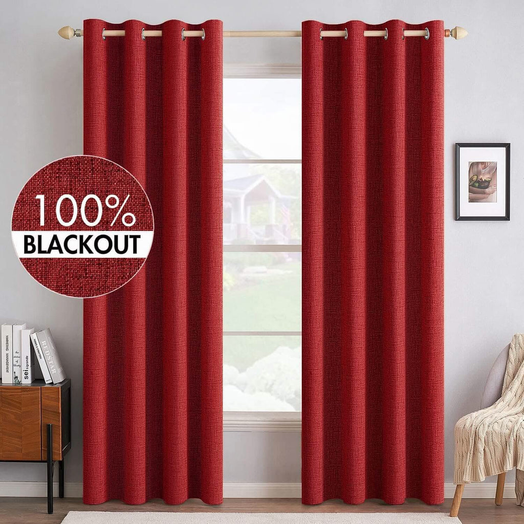 MIULEE 100% Blackout Linen Textured Curtains Nursery 52 x 84 Inch (2 Panels) | Red