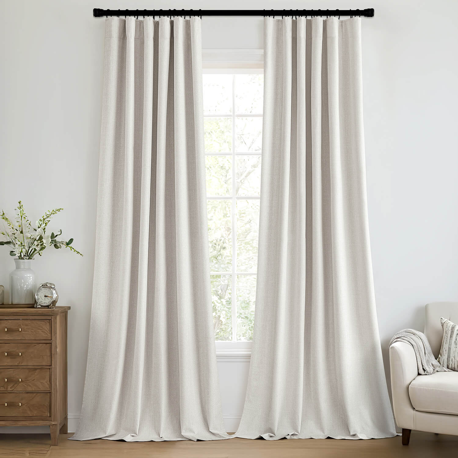 MIULEE 100% Blackout Curtains 84 Inch Long 2 Panels Set for Bedroom, Thick Faux Linen Black Out Curtain Room Darkening Back Tab Pleat Window Textured Drapes with Hooks for Living Room, Light Beige
