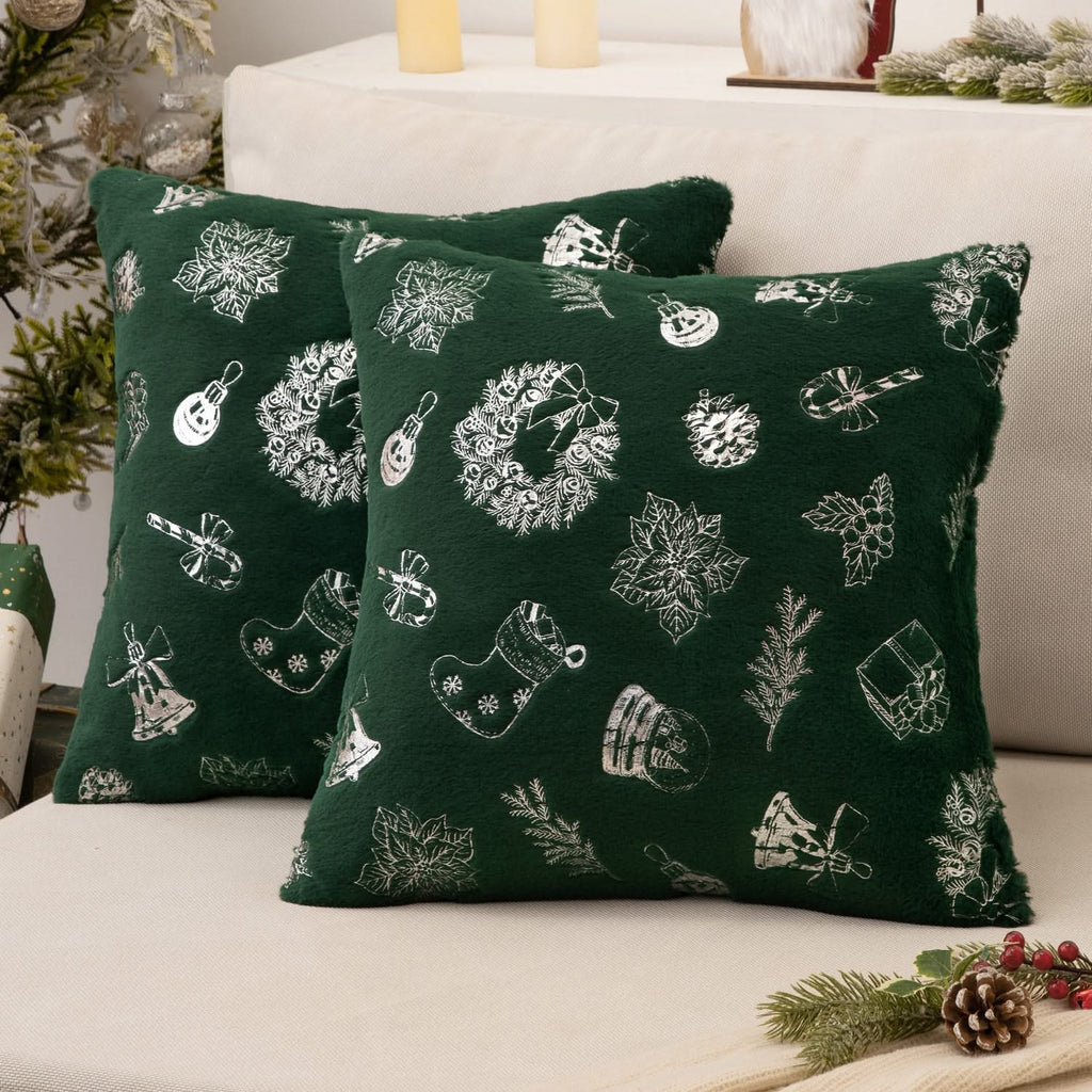 MIULEE Christmas Dark Green Pillow Covers Set of 2 Snowflakes Decorative Throw Pillow Covers 18x18 Inch Soft Plush Faux Wool Pillow Covers Farmhouse Couch Pillows Home Decors for Sofa Livingroom Bed.