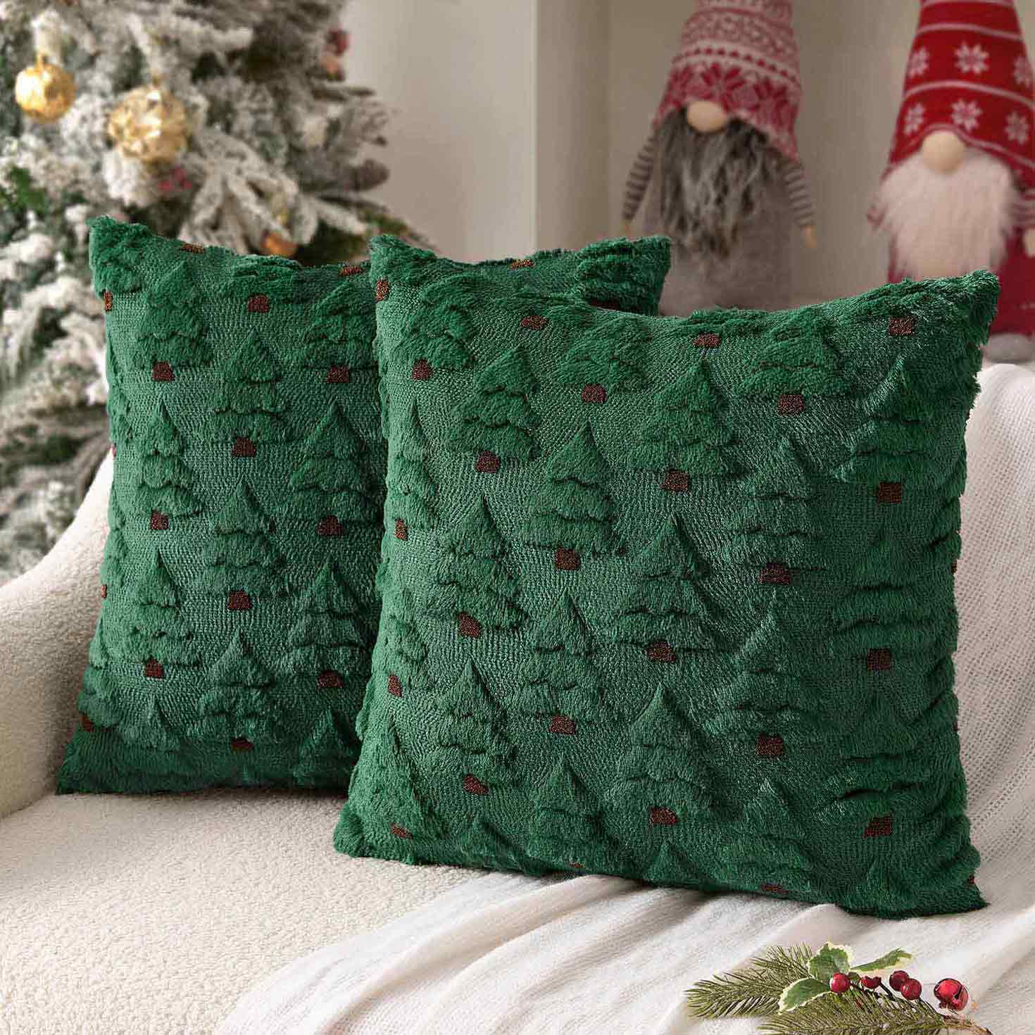 Christmas Tree Decorative Faux Wool Pillow Covers Dark Green 18x18-inch