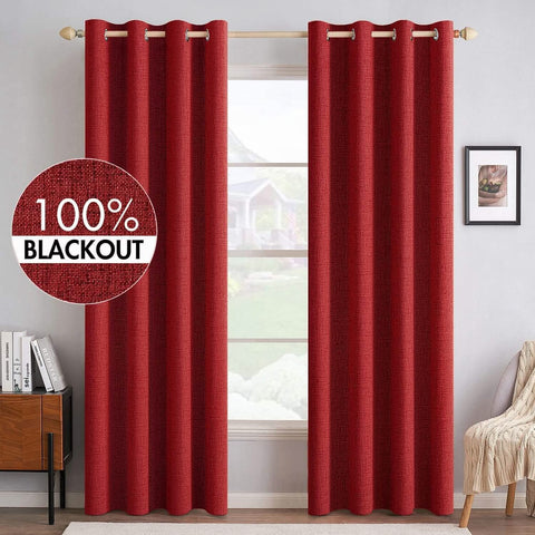 MIULEE Customized 100% Blackout Linen Textured Curtains (2 Panels)-Red