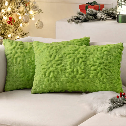 MIULEE Green Throw Pillow Covers Christmas Snowflakes Decorative Pillow Covers 12x20 Inch Soft Plush Faux Wool Pillow Covers Set of 2 Farmhouse Couch Pillows Home Decors for Sofa Livingroom Bed