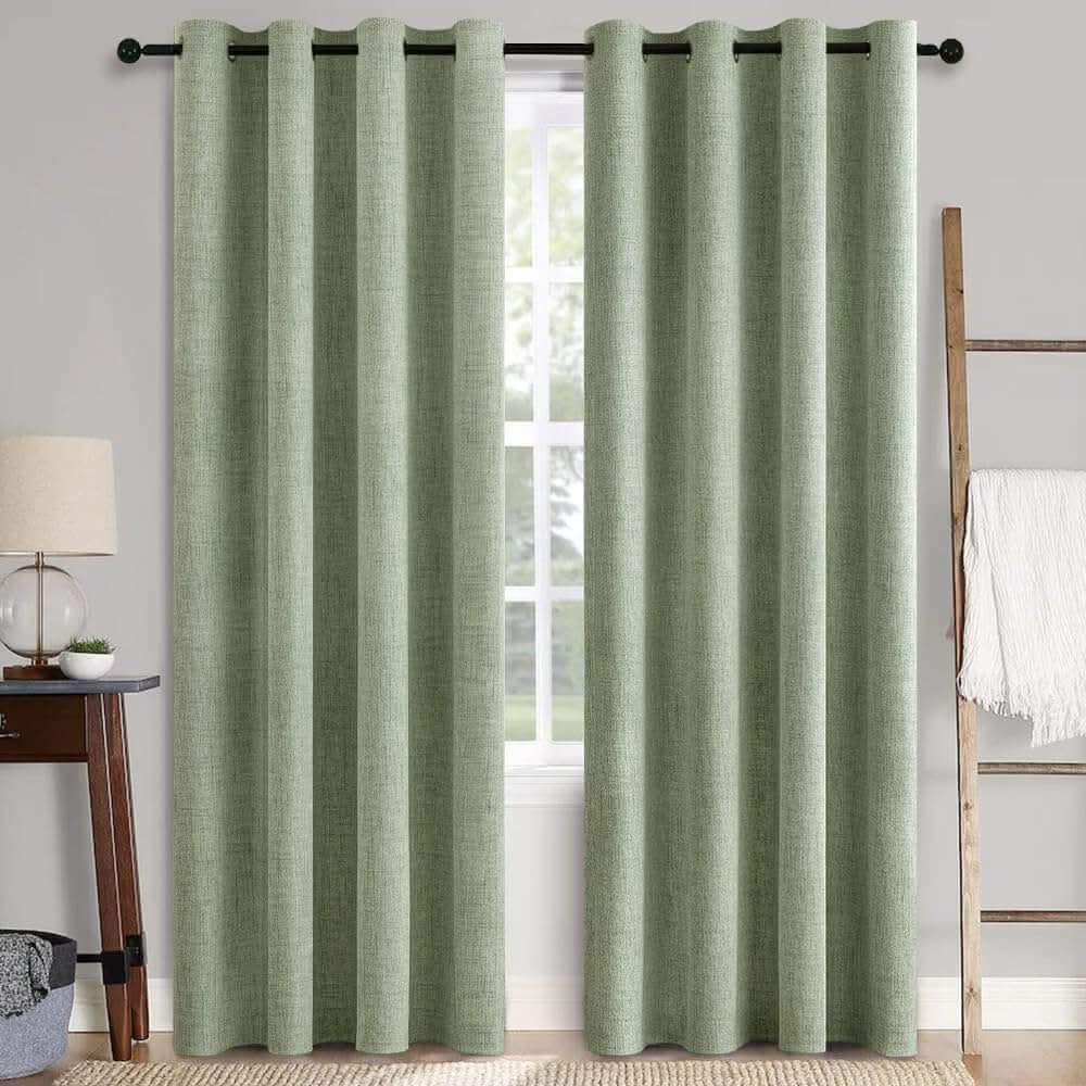 MIULEE Customized 100% Blackout Linen Textured Curtains (2 Panels)-Sage Green