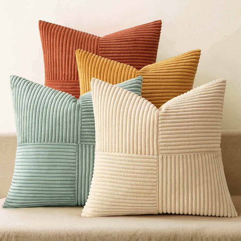 Patchwork Corduroy Farmhouse Pillow Covers Teal Orange 22x22-inch