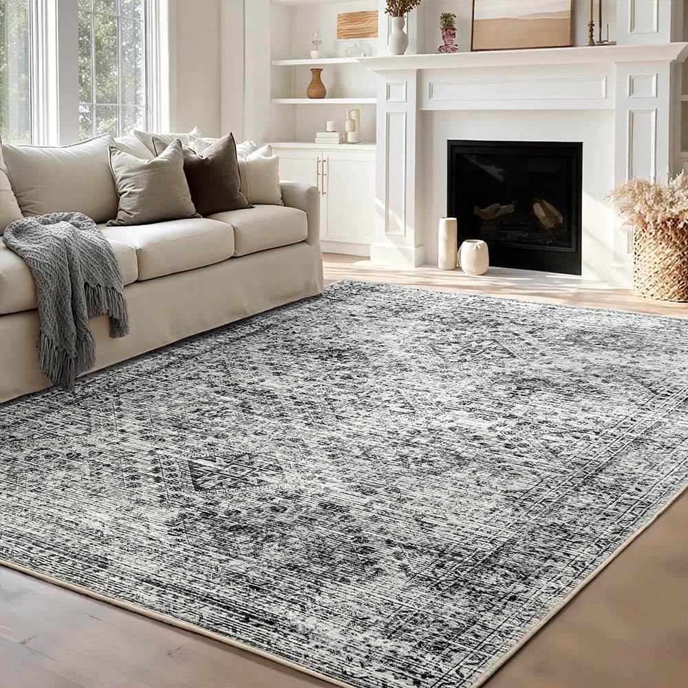 MIULEE 8x10 Vintage Washable Area Rugs Living Room Rug Low Pile Boho Farmhouse Floor Mat Grey
