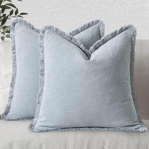 MIULEE Decorative Throw Pillow Covers Neutral Linen Fringe Throw Pillows Set of 2 Sky Blue Boho Farmhouse Cushion Covers for Couch Sofa Bed Living Room Spring Home Decor 20x20 Inch