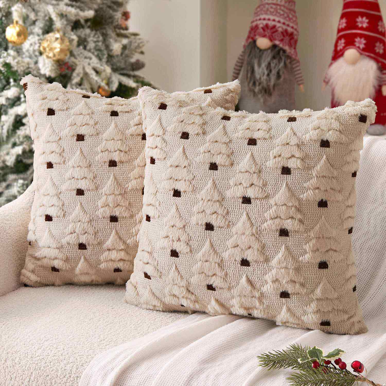 Christmas Tree Decorative Faux Wool Pillow Covers Beige 20x20-inch