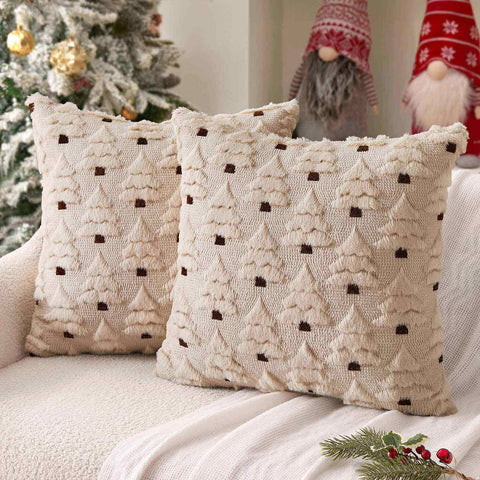 Christmas Tree Decorative Faux Wool Pillow Covers Beige 20x20-inch