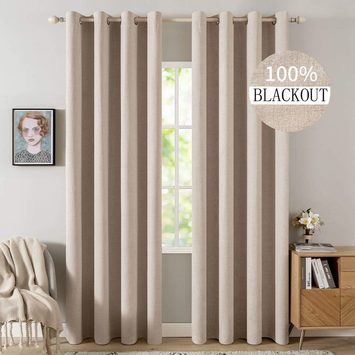 MIULEE Customized 100% Blackout Linen Textured Curtains (2 Panels)-Beige