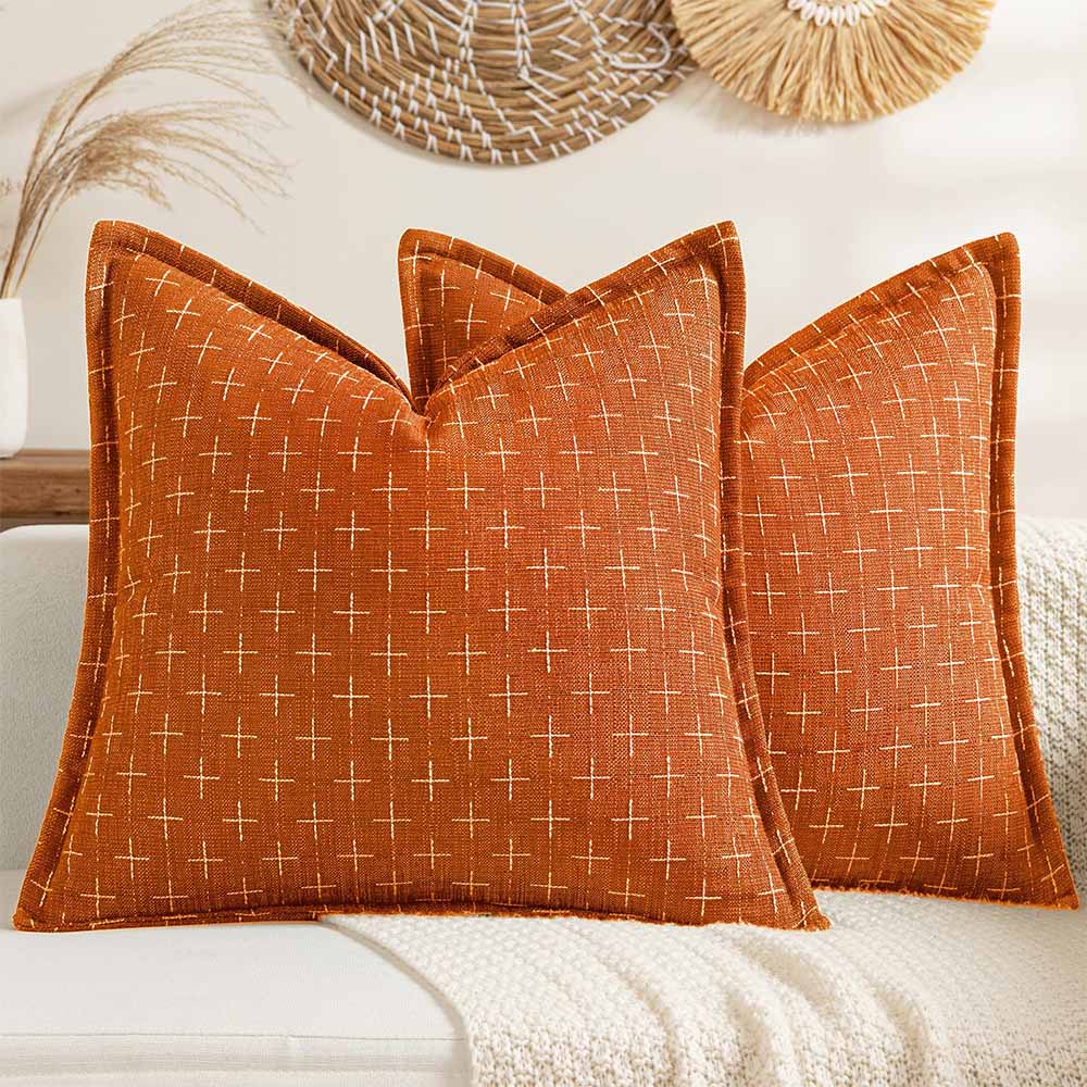 Fall Decorative Farmhouse Burlap Linen Fall Throw Pillows Covers  Rust 20x20-inch