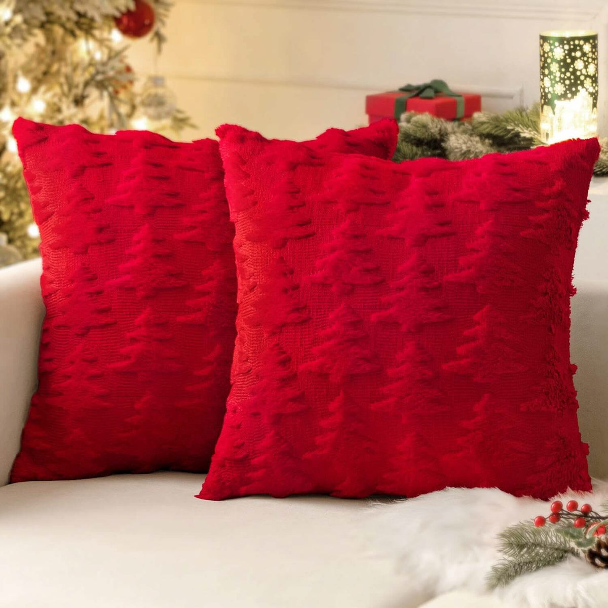 MIULEE Red Throw Pillow Covers Christmas Tree Decorative Pillow Covers 18x18 Inch Soft Plush Faux Wool Pillow Covers Set of 2 Farmhouse Couch Pillows Home Decors for Sofa Livingroom Bed