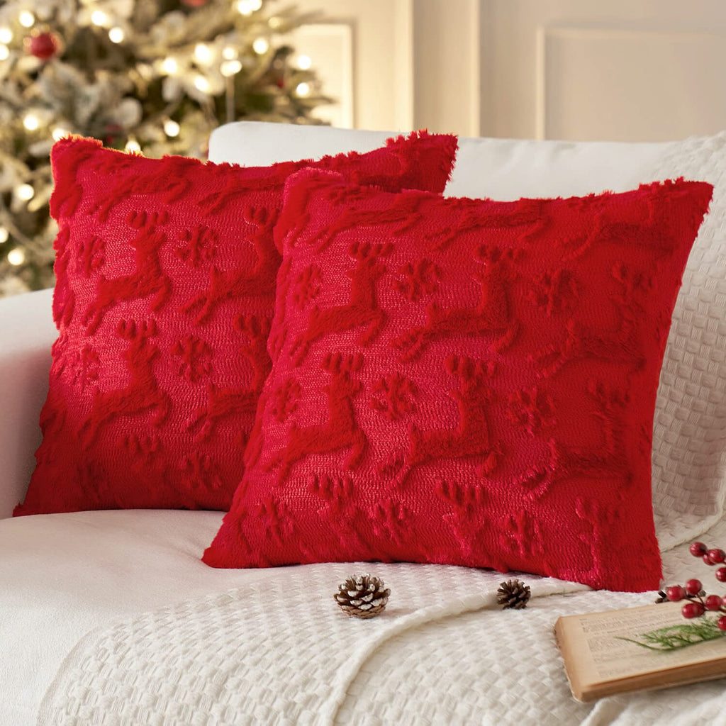 MIULEE Christmas Reindeer and Snowflakes Pillow Covers 18x18 Inch Red Throw Pillows Set of 2 Decorative Soft Fluffy Pillowcases for Home Decors Couch Sofa Livingroom Bed