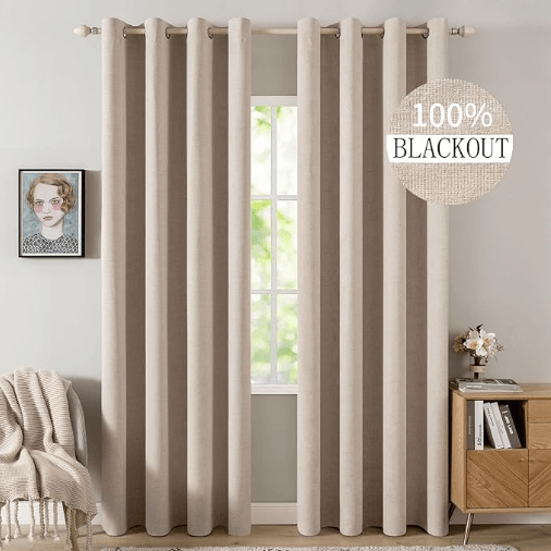 MIULEE 100% Blackout Linen Textured Curtains for Bedroom Solid Thermal Insulated Natural Beige Grommet Room Darkening Curtains & Drapes Luxury Decor for Living Room Nursery 52 x 84 Inch (2 Panels)