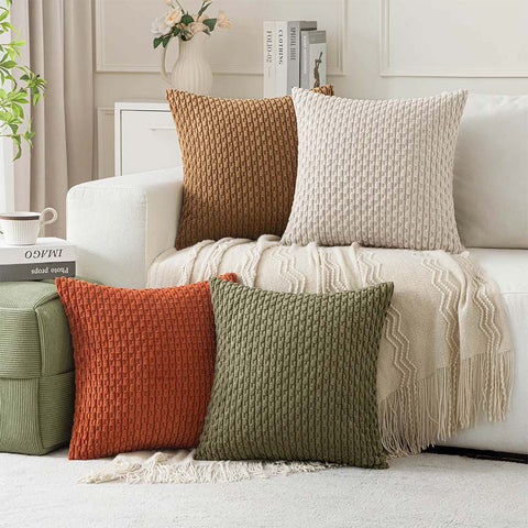 MIULEE Throw Pillow Covers Soft Couch Decorative Set of 4 Boho Striped Cushion Covers 18x18 Inch Camel Green