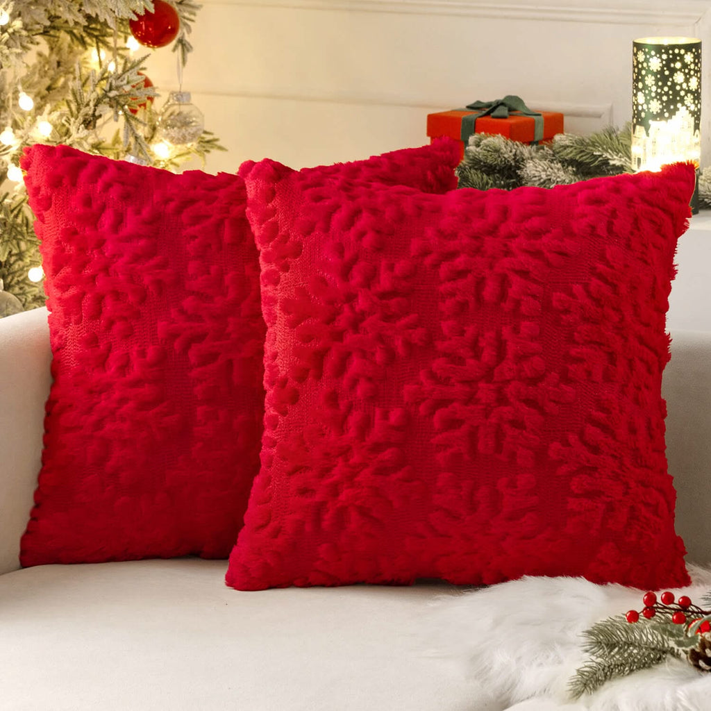 MIULEE Red Throw Pillow Covers Christmas Snowflakes Decorative Pillow Covers 16x16 Inch Soft Plush Faux Wool Pillow Covers Set of 2 Farmhouse Couch Pillows Home Decors for Sofa Livingroom Bed