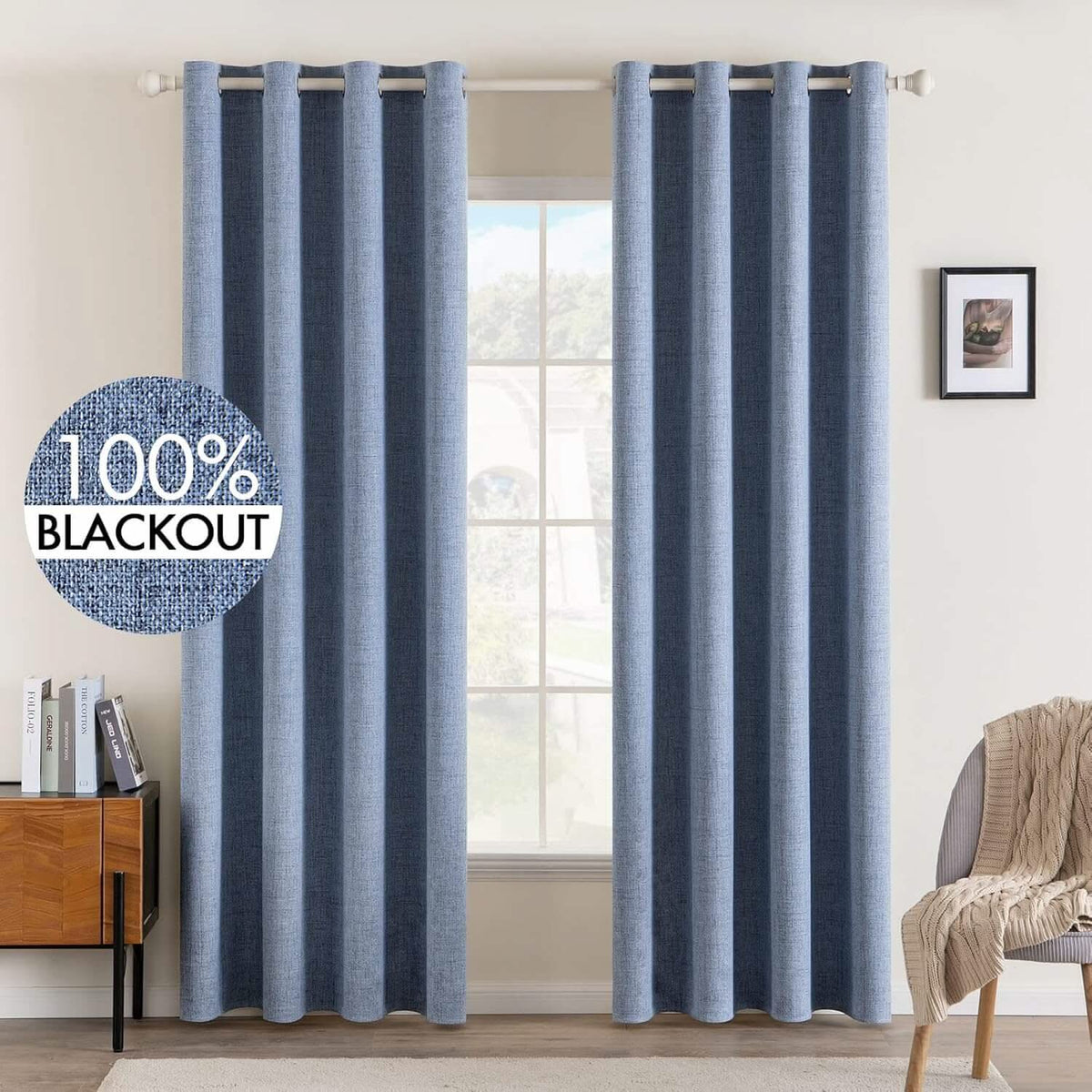 MIULEE 100% Blackout Linen Textured Curtains Nursery 52 x 84 Inch (2 Panels) | Stone Blue