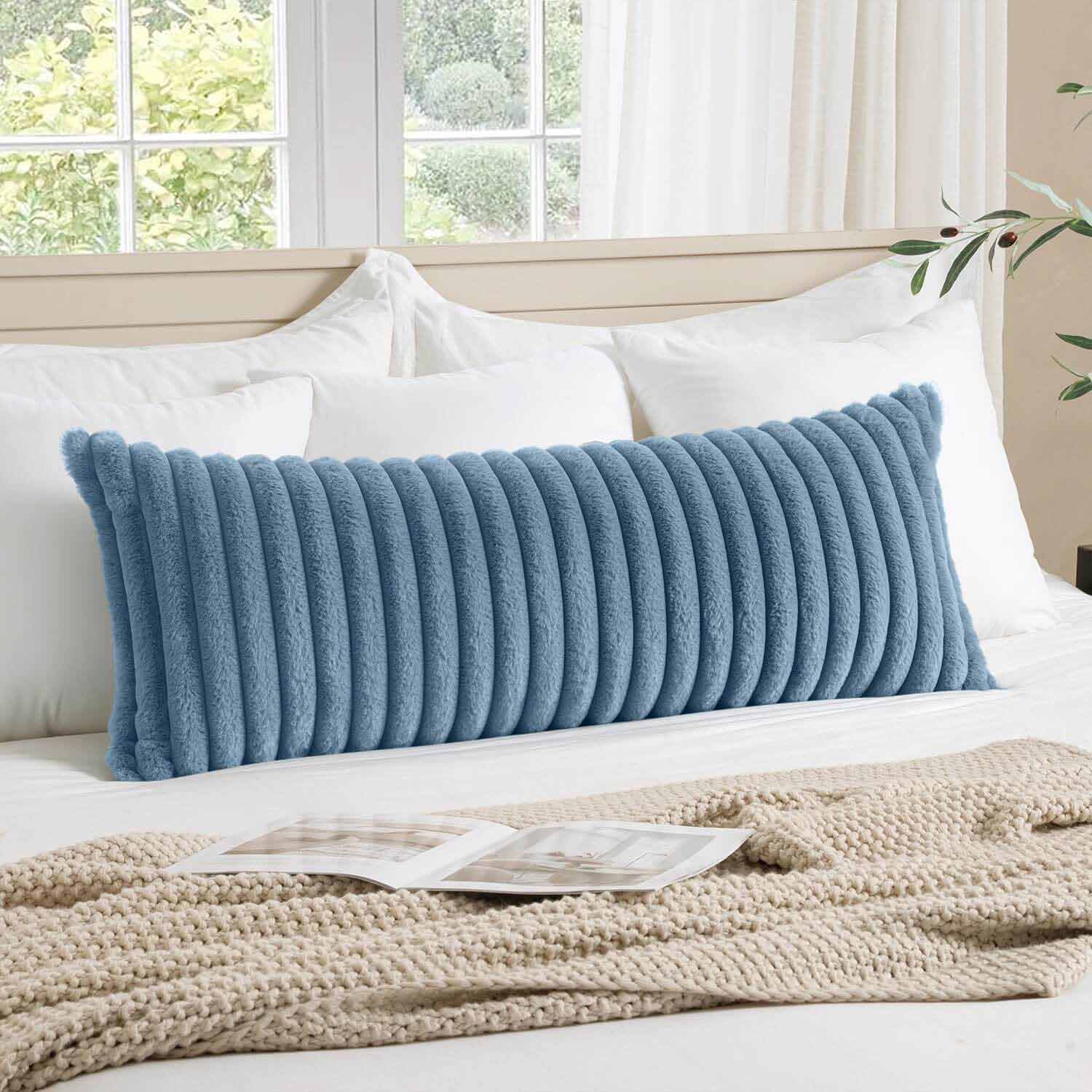 Faux Fur Lumbar Decorative Throw Pillow Covers Grey Blue 36x14"
