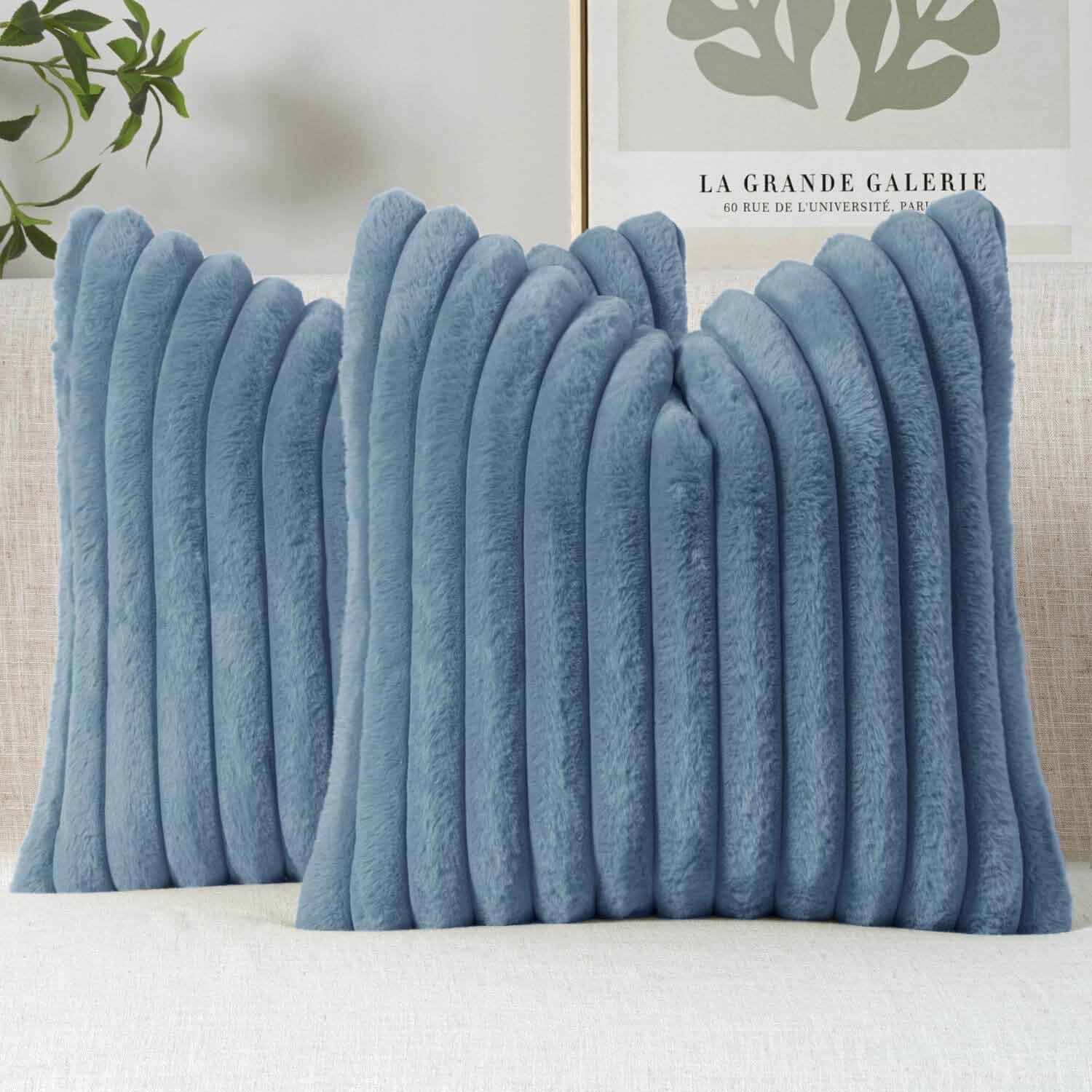 Faux Fur Lumbar Decorative Throw Pillow Covers Grey Blue 24x24"
