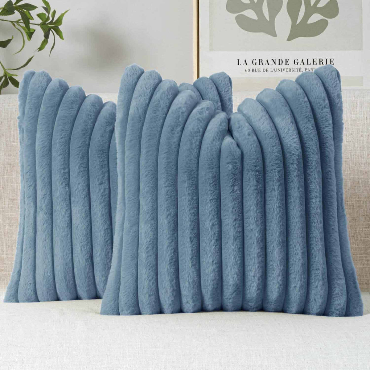 Faux Fur Lumbar Decorative Throw Pillow Covers Grey Blue 24x24"