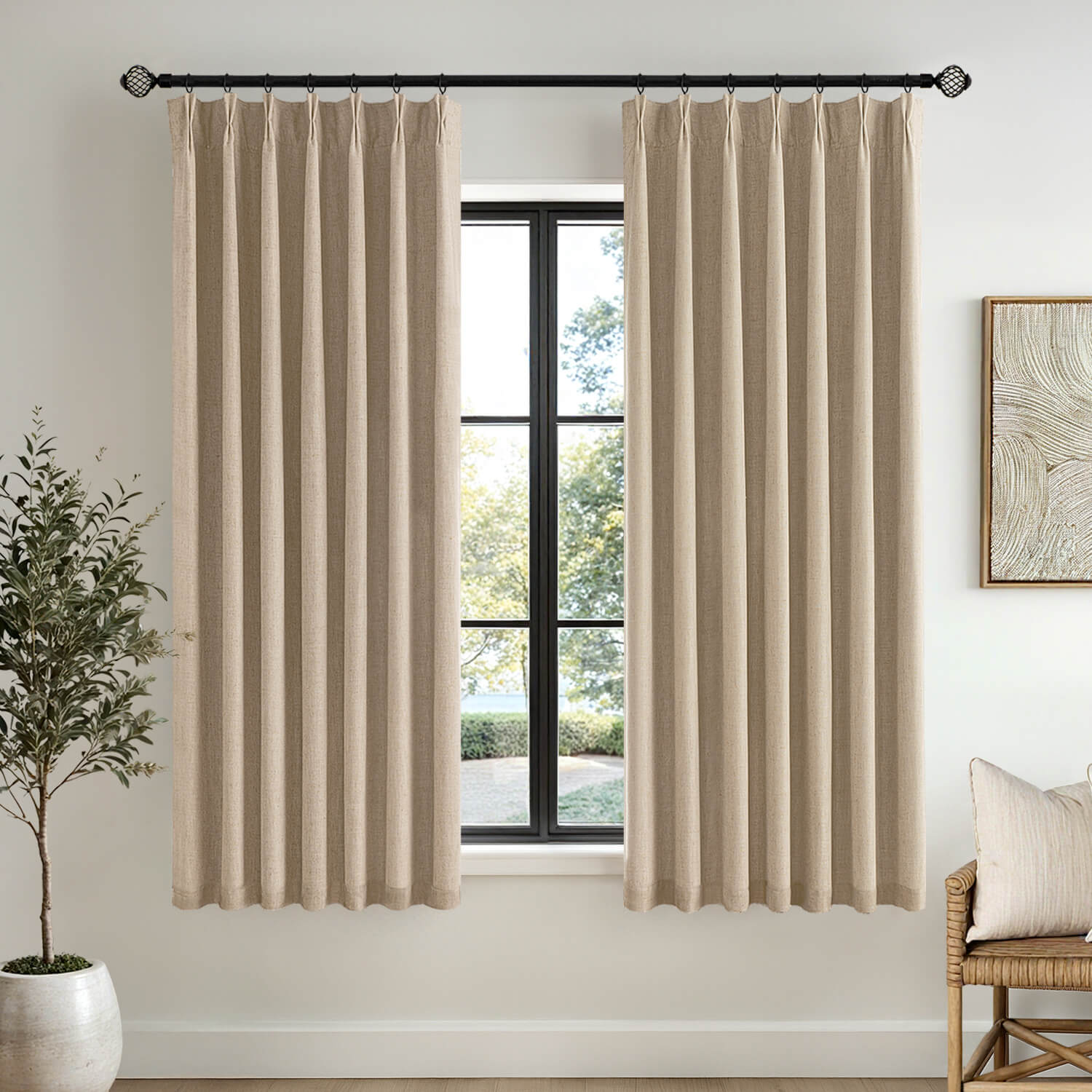 MIULEE Taupe Pinch Pleated 100% Blackout Linen Curtains for Bedroom, Room Darkening Light Blocking Window Curtains 63 inches Long for Living Room, Black Out Pleat Drapes with Pin Hooks, 2 Panels