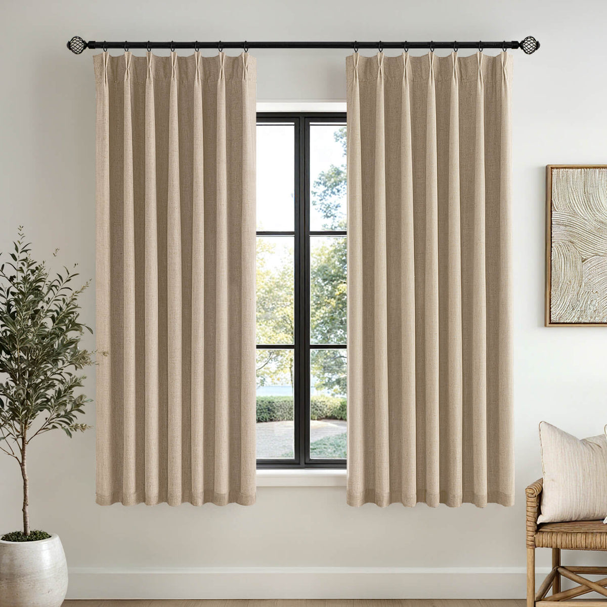 MIULEE Taupe Pinch Pleated 100% Blackout Linen Curtains for Bedroom, Room Darkening Light Blocking Window Curtains 63 inches Long for Living Room, Black Out Pleat Drapes with Pin Hooks, 2 Panels