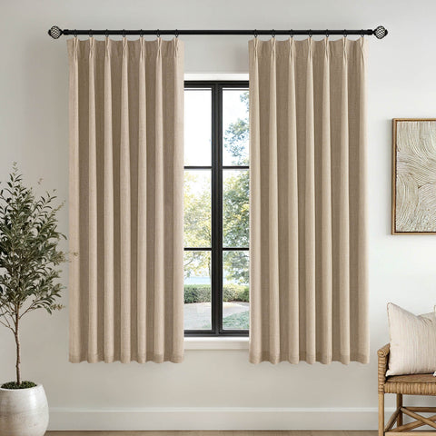 MIULEE Taupe Pinch Pleated 100% Blackout Linen Curtains for Bedroom, Room Darkening Light Blocking Window Curtains 63 inches Long for Living Room, Black Out Pleat Drapes with Pin Hooks, 2 Panels