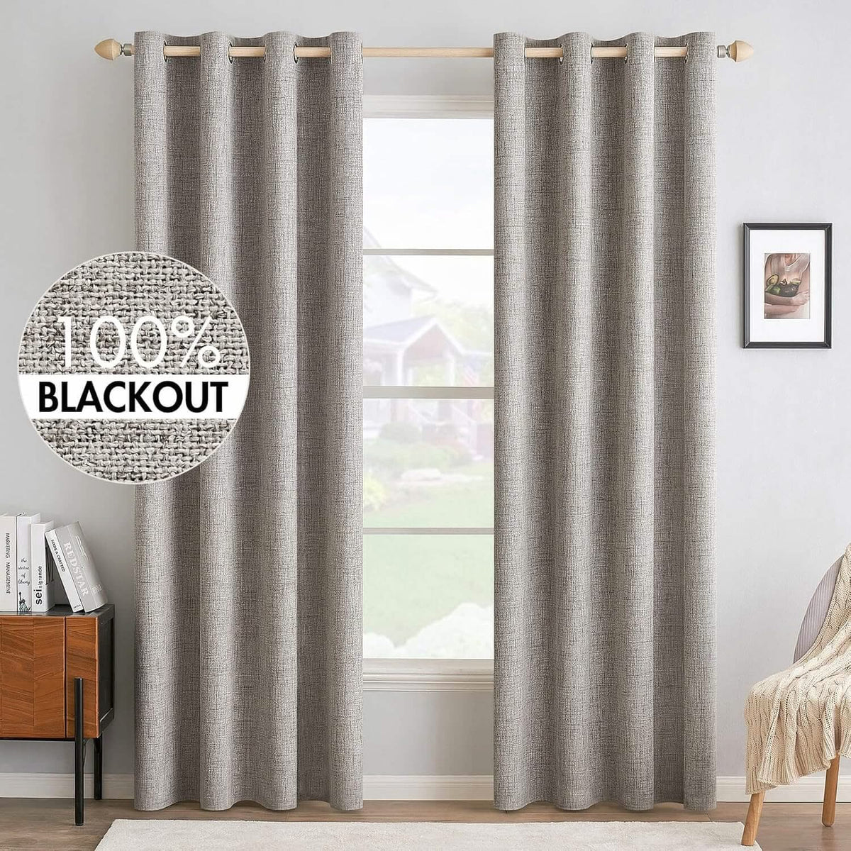 MIULEE 100% Blackout Linen Textured Curtains Nursery 52 x 84 Inch (2 Panels) | Warm Taupe