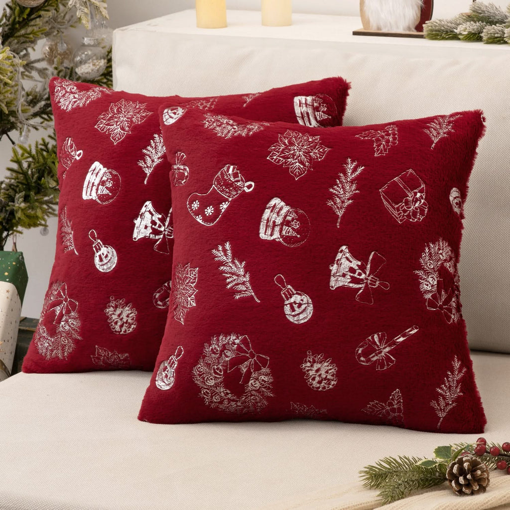 MIULEE Christmas Burgundy Pillow Covers Set of 2 Snowflakes Decorative Throw Pillow Covers 18x18 Inch Soft Plush Faux Wool Pillow Covers Farmhouse Couch Pillows Home Decors for Sofa Livingroom Bed.